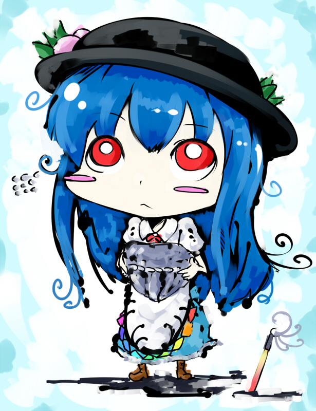 bad_id blush_stickers chibi food fruit hinanawi_tenshi keystone koohee peach red_eyes rock sibanoue solo sword sword_of_hisou touhou weapon