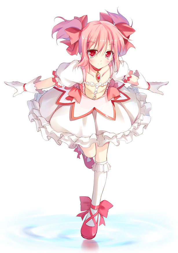 choker gloves hayakawa_harui kaname_madoka light_smile magical_girl mahou_shoujo_madoka_magica outstretched_arms pink_eyes pink_hair puffy_sleeves shoes short_hair simple_background spread_arms twintails white_gloves