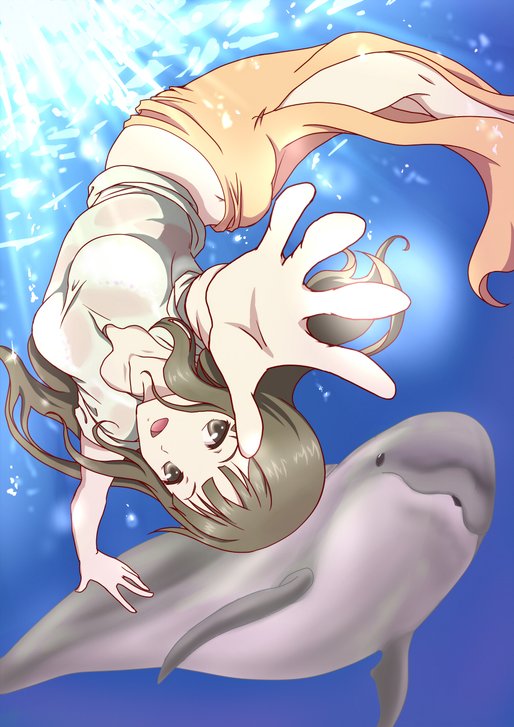 bra breasts brown_hair butt_crack dolphin freediving hanasaku_iroha highres long_hair open_mouth oshimizu_nako outstretched_arms see-through smile spread_arms swimming underwater underwear upside-down water wet