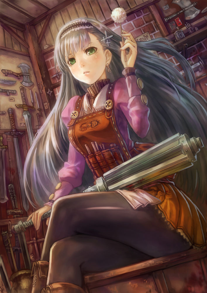 apron axe boots crossed_legs docoi dutch_angle earrings green_eyes hair_ornament hairband jewelry legs_crossed lips long_hair mace original pantyhose sandisk shop silver_hair sitting solo sword sword_of_hisou weapon weapon_shop