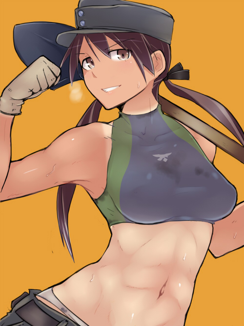 belt brown_eyes brown_hair em female flex gertrud_barkhorn gloves hat long_hair matching_hair/eyes muscle navel shovel smile solo strike_witches sweat tan tanline toned twintails worktool