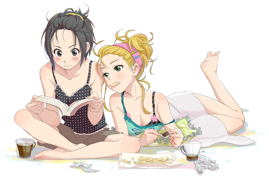 bare_legs bare_shoulders barefoot black_eyes black_hair blonde_hair blush book candy caup coffee cup down_blouse forehead green_eyes hair_up holding holding_book hoshii_miki idolmaster indian_style kikuchi_makoto lying mouth_hold multiple_girls on_stomach potato_chips reading short_hair shorts sitting skirt snack snacks strap_slip tank_top yachiwo