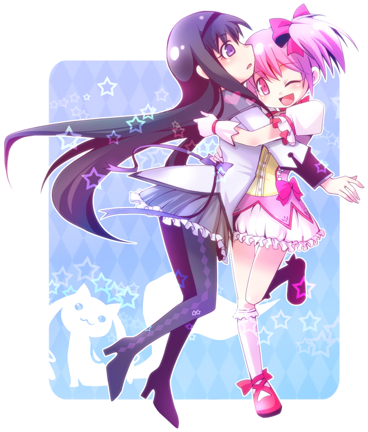 :3 :d akemi_homura akizou. black_hair black_legwear blush boots flower gloves hair_flower hair_ornament happy high_heels hug kaname_madoka kneehighs kyubey long_hair magical_girl mahou_shoujo_madoka_magica multiple_girls open_mouth pantyhose pink_eyes pink_hair purple_eyes shoes short_hair smile star twintails violet_eyes white_gloves white_legwear wink