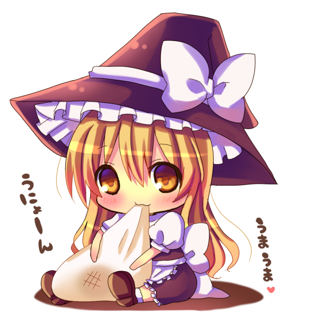 :3 blonde_hair blush chibi chocolat_(momoiro_piano) eating food hat heart hina_hina kirisame_marisa long_hair mochi shoes simple_background solo spoken_heart touhou translated translation_request wagashi witch witch_hat yellow_eyes