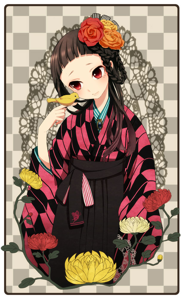 bird checkered checkered_background flower hair_flower hair_ornament helmet_(musco2) hime_cut japanese_clothes kimono musco original solo yagasuri