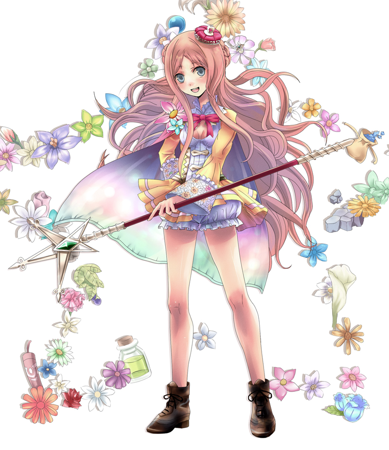 atelier atelier_(series) atelier_meruru blush bottle bow breasts cape cleavage crown dress floral_background flower green_eyes gust hand_on_hip hips long_hair merurulince_rede_arls open_mouth orange_hair red_rose ribbon rose shoes smile solo sonictune wand yellow_dress