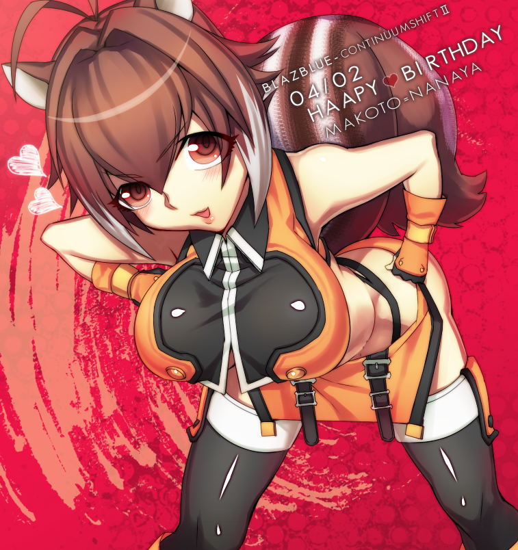 animal_ears antenna_hair bare_shoulders blazblue blush breasts brown_eyes brown_hair cleavage fingerless_gloves gloves jou_(frog-style) makoto_nanaya short_hair skirt smile solo squirrel_ears squirrel_girl squirrel_tail tail thigh-highs