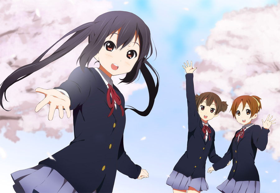 :d arm_up black_hair brown_eyes brown_hair cherry_blossoms hatasuke hirasawa_ui k-on! multiple_girls nakano_azusa open_mouth outstretched_hand school_uniform sky smile suzuki_jun twintails