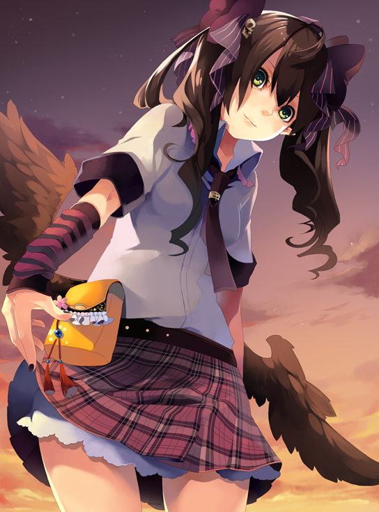 arm_warmers belt_pouch bow brown_hair from_below hair_bow hair_ornament himekaidou_hatate long_hair low_wings nail_polish necktie riku_(wana) skirt skull skull_hair_ornament solo touhou twintails wings yellow_eyes