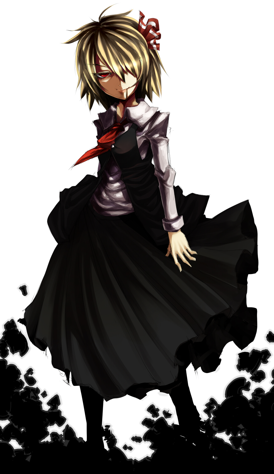 1girl blonde_hair bow dress face hair_bow hair_in_mouth hair_over_eyes hair_over_one_eye harusame_(unmei_no_ikasumi) highres red_eyes rumia short_hair skirt smile solo touhou