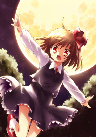 akimegu_m blonde_hair bow fang full_moon gohitsuki hair_bow hair_ribbon moon necktie open_mouth outstretched_arms red_eyes ribbon rumia short_hair solo spread_arms the_embodiment_of_scarlet_devil touhou youkai