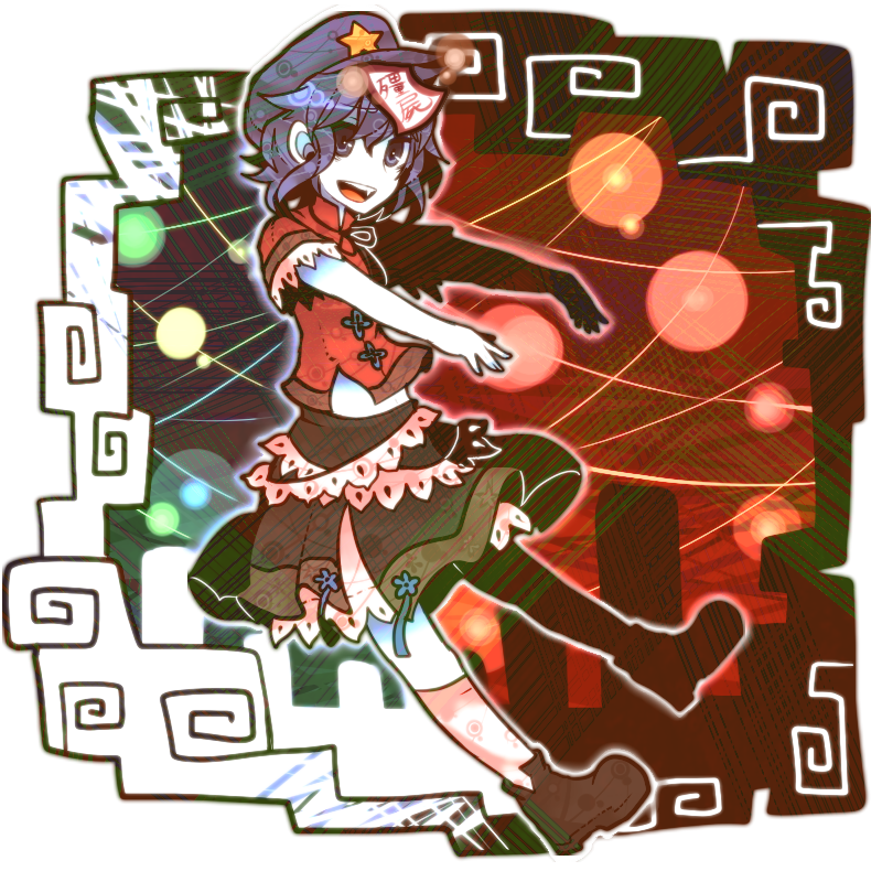 bad_id blue_eyes blue_hair fang geung_si hat jiangshi light_particles midriff miyako_yoshika ofuda open_mouth outstretched_arms pale_skin ringetsumon short_hair skirt smile solo star touhou zombie_pose
