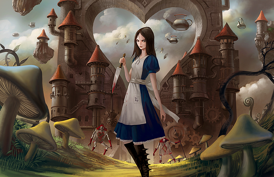 alice_(wonderland) alice_in_wonderland american_mcgee's_alice apron blood book boots brown_hair card_knights castle dress grey_eyes heart jewelry knife long_hair mushroom necklace noba polearm spear surreal teapot vorpal_blade weapon