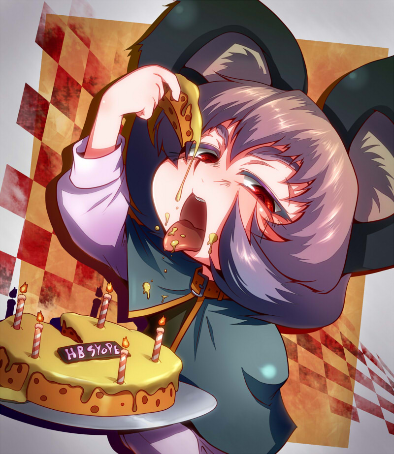 1girl animal_ears candle capelet checkered cheese eating food food_on_face grey_hair long_sleeves mouse_ears nazrin open_mouth red_eyes short_hair solo tongue tongue_out tora_(trampjing) touhou