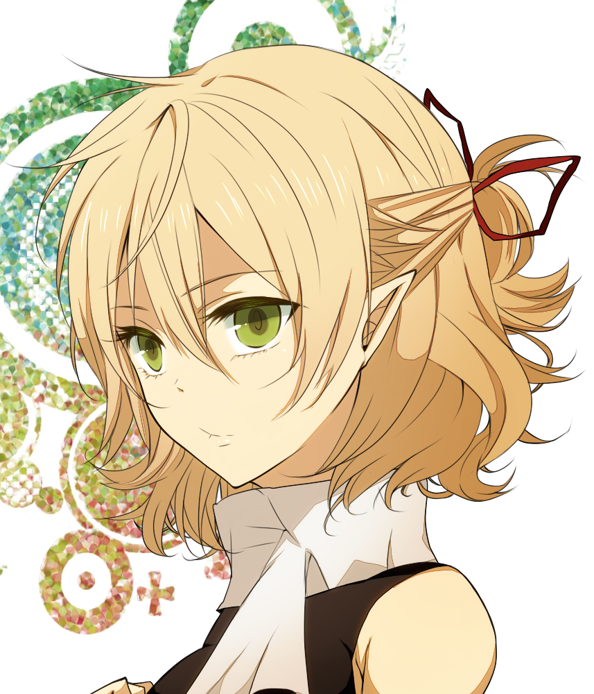 bad_id bare_shoulders blonde_hair face green_eyes mizuhashi_parsee pointy_ears portrait scarf short_hair short_ponytail solo touhou waiko