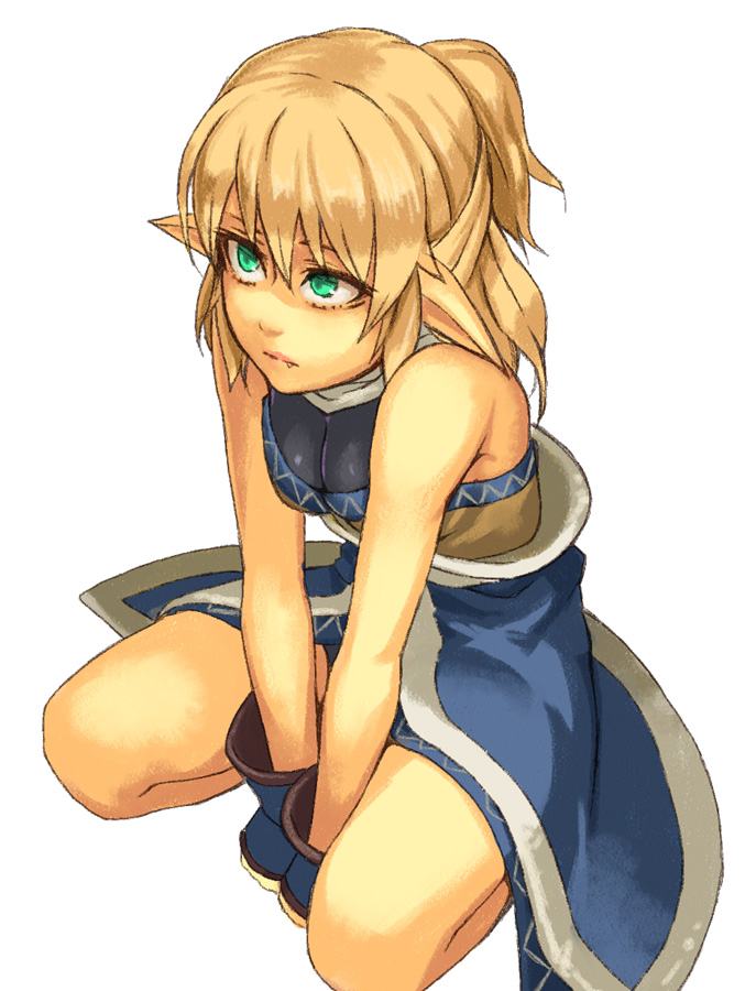 and bare_shoulders blonde_hair breasts cleavage face fang fingerless_gloves gloves green_eyes long_hair mizuhashi_parsee pointy_ears ponytail solo squatting touhou v_arms