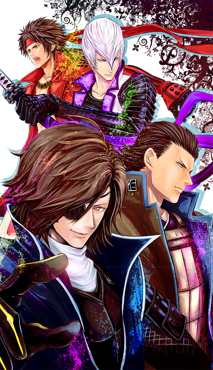 aratako armor bad_id brown_hair date_masamune date_masamune_(sengoku_basara) eyepatch headband highres ishida_mitsunari ishida_mitsunari_(sengoku_basara) katakura_kojuurou katana male multiple_boys open_mouth sanada_yukimura sanada_yukimura_(sengoku_basara) sengoku_basara silver_hair smile sword weapon