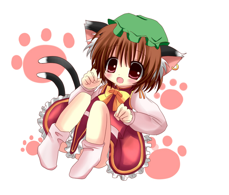 animal_ears blush brown_eyes brown_hair cat_ears cat_tail chen chibi dress ear_piercing hane. hat multiple_tails open_mouth piercing red_dress sitting solo tail touhou