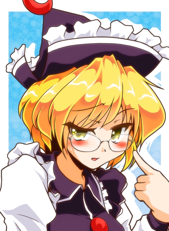 bad_id bespectacled blonde_hair blush crescent glasses hat lunasa_prismriver short_hair solo tama_home touhou yellow_eyes