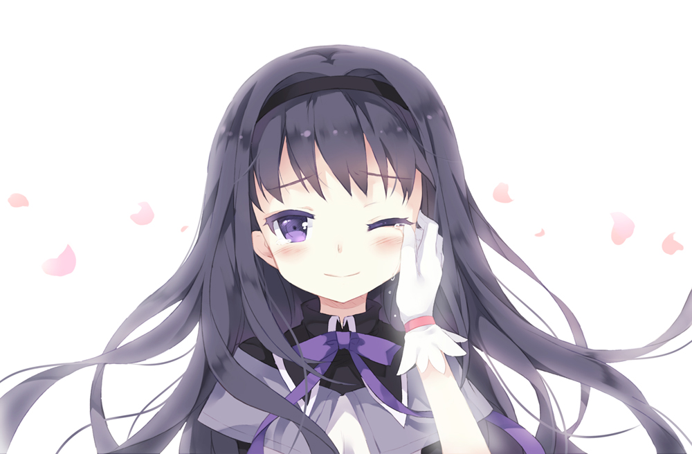 akemi_homura black_hair blush bust face gloves hairband hand_on_another's_cheek hand_on_another's_face hand_on_cheek hands long_hair magical_girl mahou_shoujo_madoka_magica nyanya petals portrait pov purple_eyes simple_background solo tears violet_eyes white_gloves wink