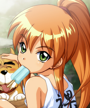 copyright_request dog green_eyes lowres orange_hair pigtail ponytail popsicle solo tank_top