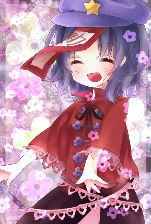 :d ^_^ beret blue_hair closed_eyes eyes_closed flower geung_si happy hat jiangshi miyako_yoshika ofuda open_mouth outstretched_arms pale_skin short_hair skirt smile solo star touhou yamone