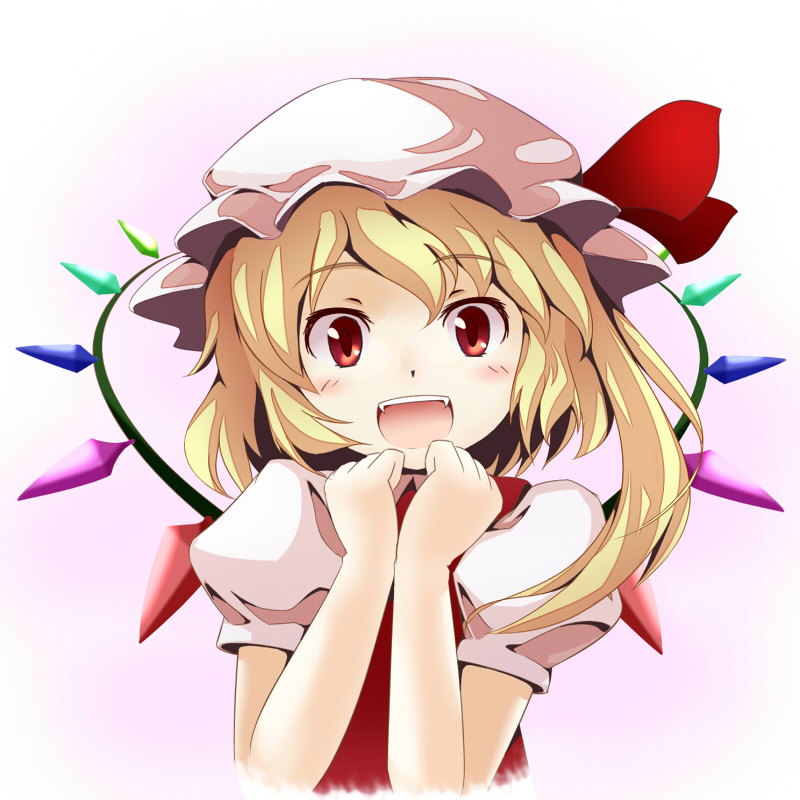 :d blonde_hair bust face fangs flandre_scarlet hands_together happy hat looking_at_viewer open_mouth red_eyes short_hair side_ponytail smile solo the_embodiment_of_scarlet_devil touhou tsuyuki tsuyuki_(yukitgraph) wings