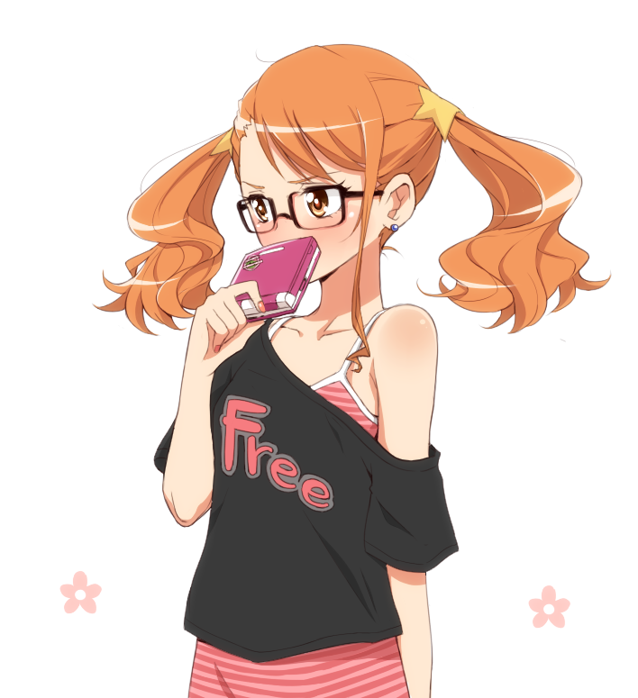 ano_hi_mita_hana_no_namae_wo_bokutachi_wa_mada_shiranai bare_shoulders blush brown_eyes brown_hair bust clothes_writing clothing_writing covering covering_face covering_mouth earrings flat_chest glasses jewelry maro_nie nail_polish off_shoulder orange_hair simple_background t-shirt twintails