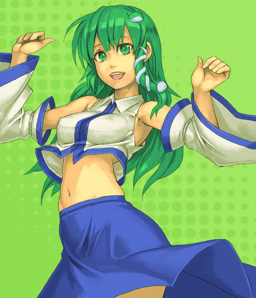 and armpits bare_shoulders braid detached_sleeves face green_eyes green_hair hair_ornament hands kochiya_sanae long_hair long_sleeves midriff navel open_mouth skirt smile solo touhou