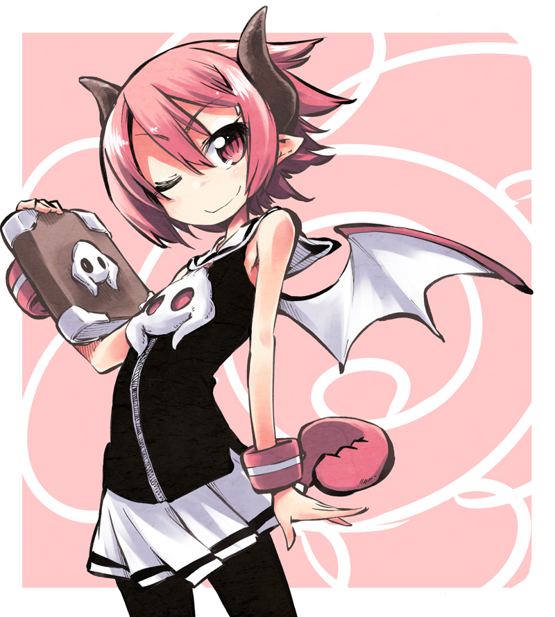 bare_shoulders black_legwear book disgaea hikawa_shou horns makai_senki_disgaea_3 nippon_ichi pantyhose pink_eyes pink_hair pointy_ears raspberyl short_hair skirt smile solo tail wings wink