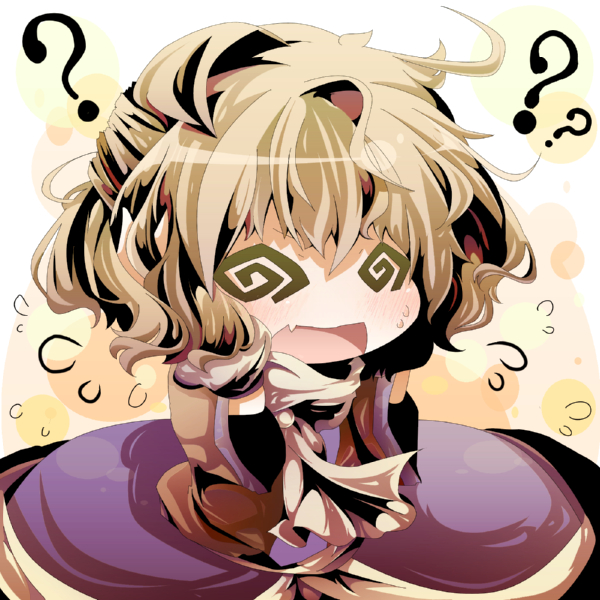 ? @_@ blonde_hair blush chibi confused doromizu fang hands_on_head mizuhashi_parsee open_mouth scarf solo touhou