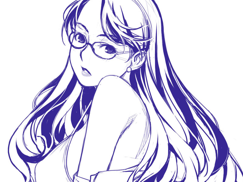 breasts copyright_request earrings glasses ino jewelry lingerie lipstick long_hair makeup sideboob sketch solo underwear