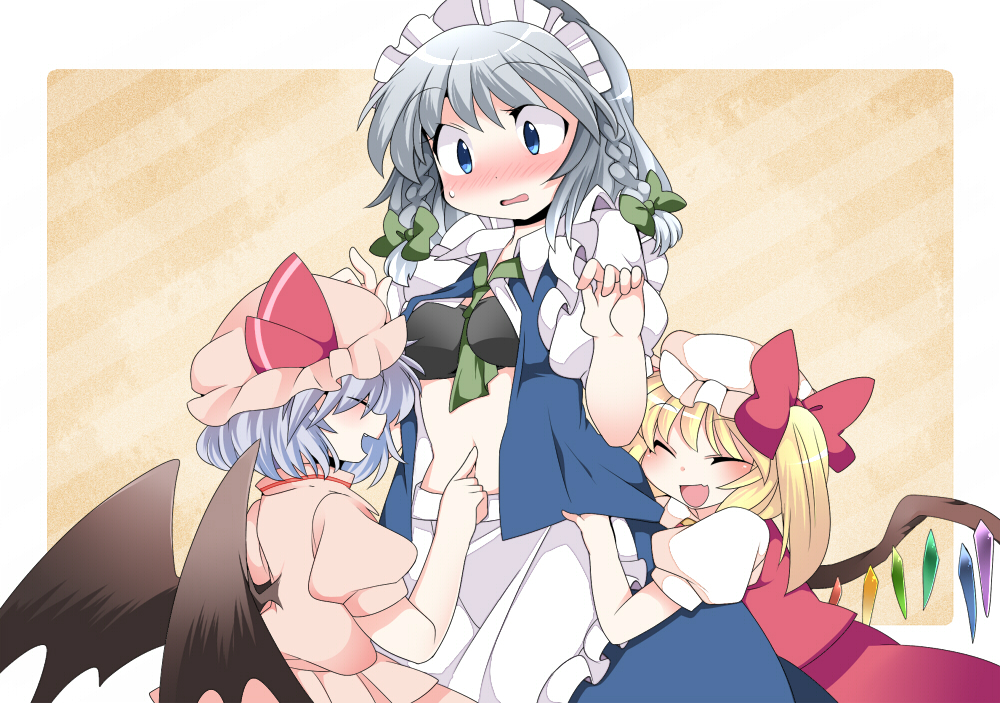 3girls ^_^ ascot bat_wings belly_poke between_breasts black_bra blue_eyes blue_hair blush bra braid closed_eyes fang flandre_scarlet hammer_(sunset_beach) hug izayoi_sakuya maid maid_headdress multiple_girls navel open_clothes open_mouth open_shirt remilia_scarlet short_hair side_ponytail silver_hair skirt skirt_set smile touhou twin_braids underwear wings