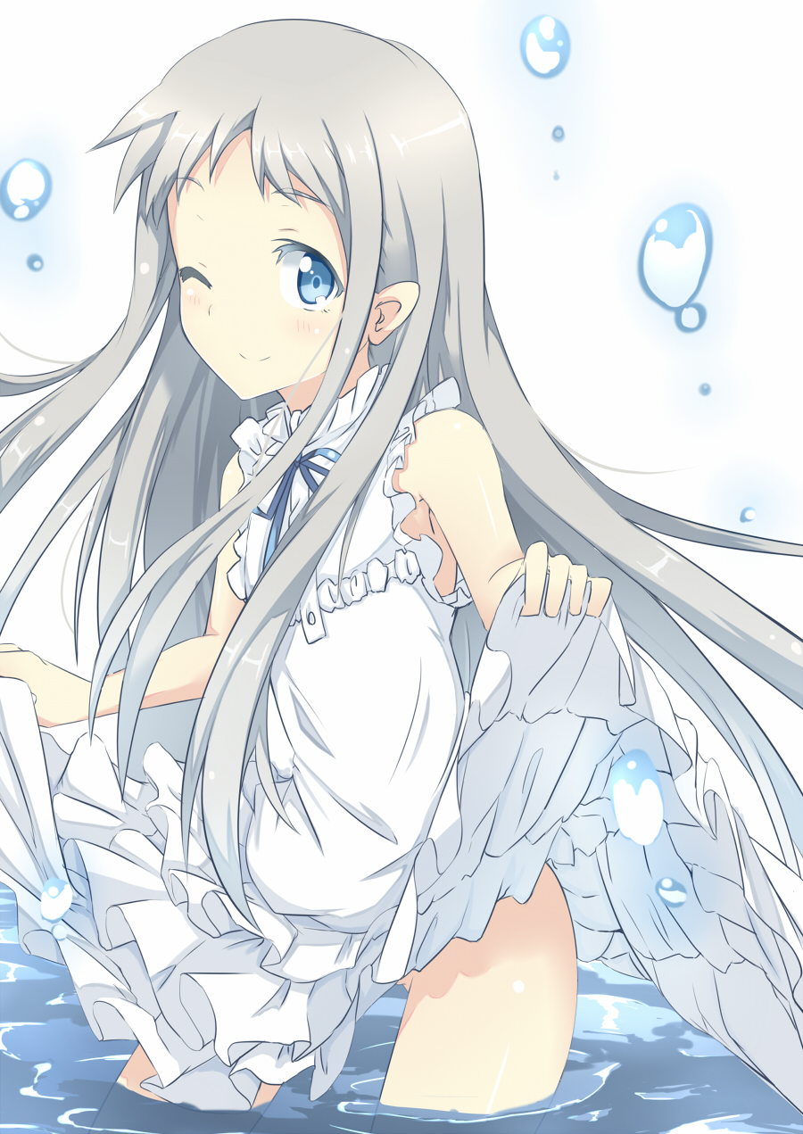 bare_shoulders blue_eyes blush dress highres honma_meiko kurifuto light_smile long_hair silver_hair skirt skirt_lift sleeveless wading water wink