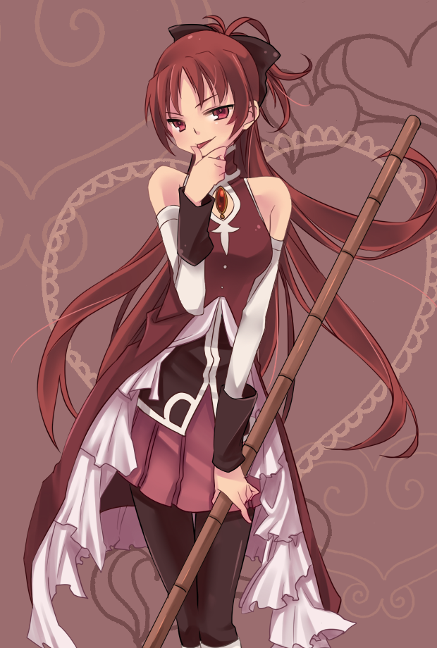 bare_shoulders black_legwear detached_sleeves finger_to_mouth kiminoyome light_smile long_hair magical_girl mahou_shoujo_madoka_magica polearm ponytail red_eyes sakura_kyouko solo thighhighs tongue weapon