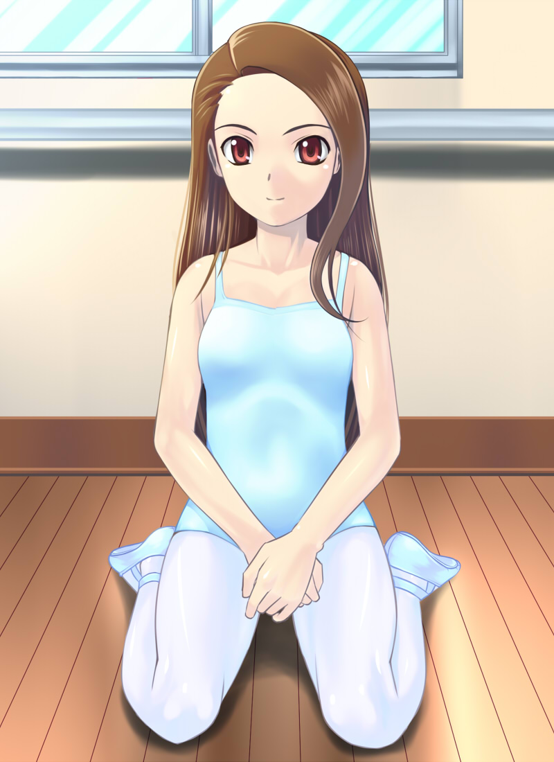 ballet brown_eyes forehead idolmaster leotard minase_iori muhi11234 pantyhose red_hair sitting solo wariza white_legwear