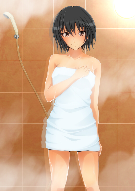 1girl amagami bare_shoulders black_hair blush bob_cut brown_eyes face kishida-shiki naked_towel nanasaki_ai short_hair solo standing steam towel wet