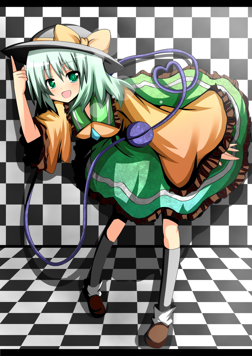 bad_id blush checkered checkered_background checkered_floor eyeball green_eyes green_hair hat hat_tip heart heart_of_string highres komeiji_koishi open_mouth pigeon-toed pigeon_toed shinekalta short_hair skirt smile solo third_eye touhou