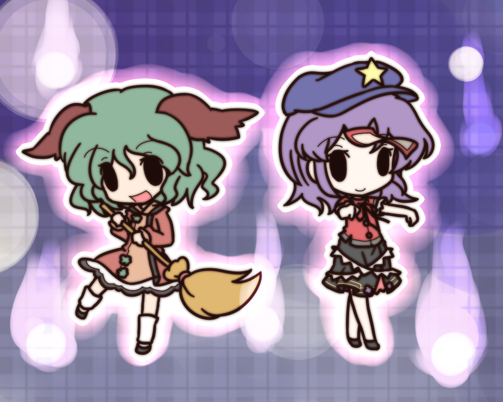 animal_ears aqua_hair blue_hair broom chibi dress fushigi_ebi geung_si green_hair hat jiangshi kasodani_kyouko miyako_yoshika multiple_girls ofuda open_mouth outstretched_arms pale_skin purple_hair short_hair skirt smile star touhou zombie_pose