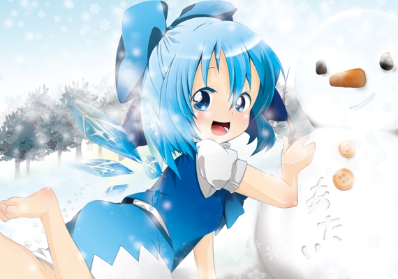 barefoot berry_jou blue_eyes blue_hair bow child cirno feet hair_bow snowman solo touhou wings