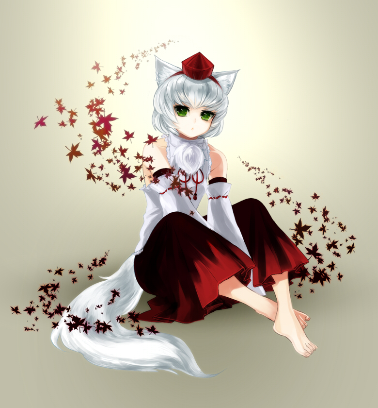 alternate_eye_color animal_ears bad_id bare_shoulders barefoot detached_sleeves feet green_eyes hat inubashiri_momiji leaf looking_at_viewer pants sitting solo tail tokin_hat touhou v_arms viridiflora wolf_ears wolf_tail