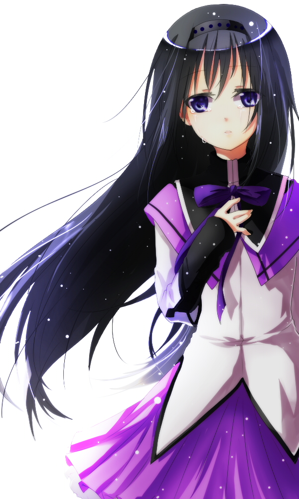 akemi_homura aosane black_hair blue_eyes hairband hand_on_own_chest hand_to_chest long_hair magical_girl mahou_shoujo_madoka_magica purple_eyes simple_background solo tears violet_eyes