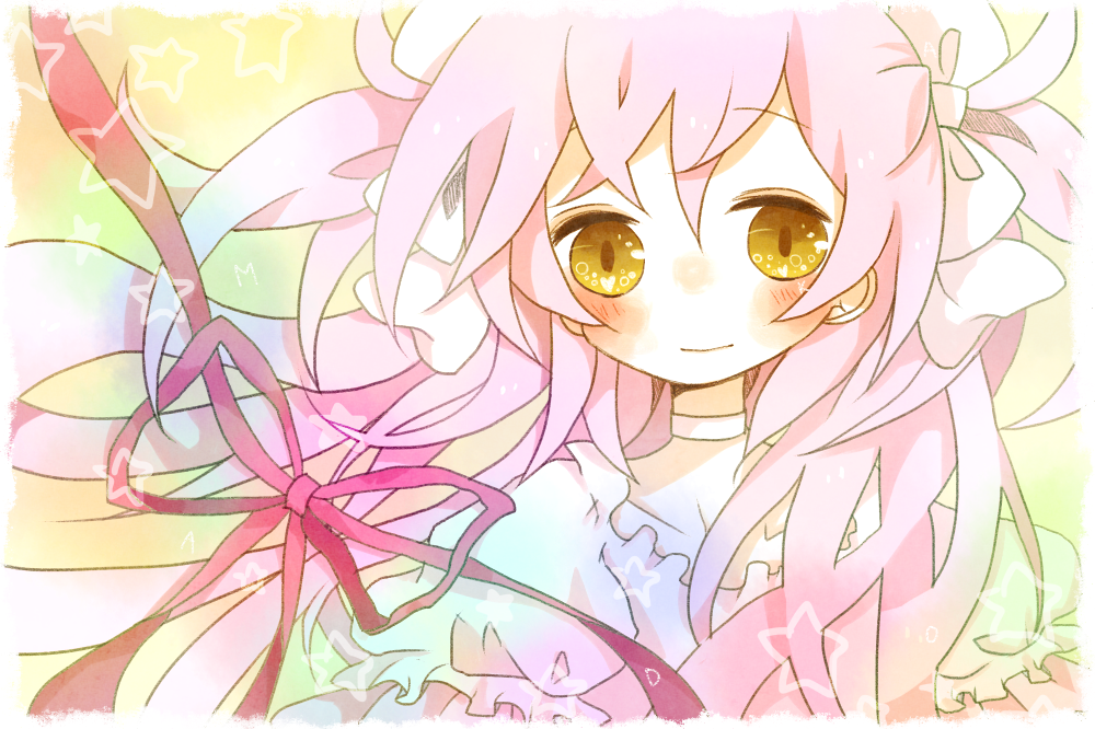 bad_id bow goddess_madoka hair_bow kaname_madoka long_hair magical_girl mahou_shoujo_madoka_magica nanahina pink_hair ribbon smile solo spoilers twintails ultimate_madoka yellow_eyes