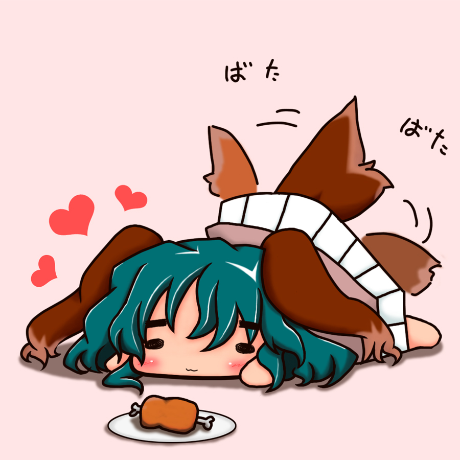 :3 animal_ears bad_id blush boned_meat chibi dress food green_hair heart kagu8 kasodani_kyouko lying lying_on_stomach meat on_stomach pink_dress plate solo tail tail_wagging touhou