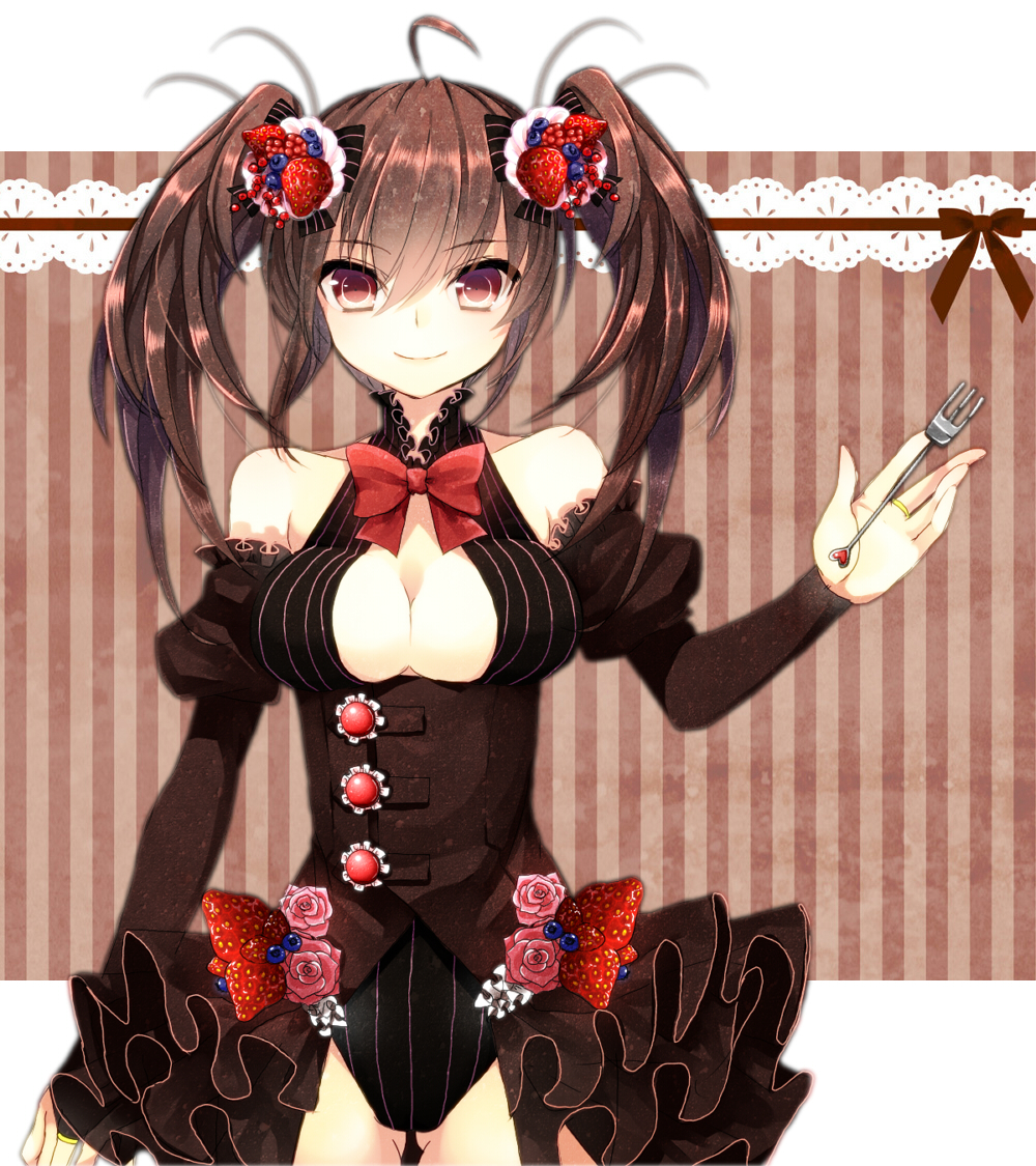 ahoge bare_shoulders blueberry bow bowtie breasts bridal_gauntlets brown_hair cleavage dress flower food food_themed_clothes fork frills fruit gathers hair_bow kanzaki_maguro leotard maguro_(gulen-x) orange_eyes original pink_rose pinstripe_pattern raspberry rose ruffles smile solo strawberry striped striped_background tsurime twintails