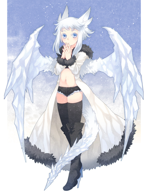 blue_eyes boots dragon_girl dragon_tail hands_together high_heels ice_dragon juuno_(nekoda) knee_boots original personification shoes short_hair shorts silver_hair solo tail thigh-highs thighhighs wings