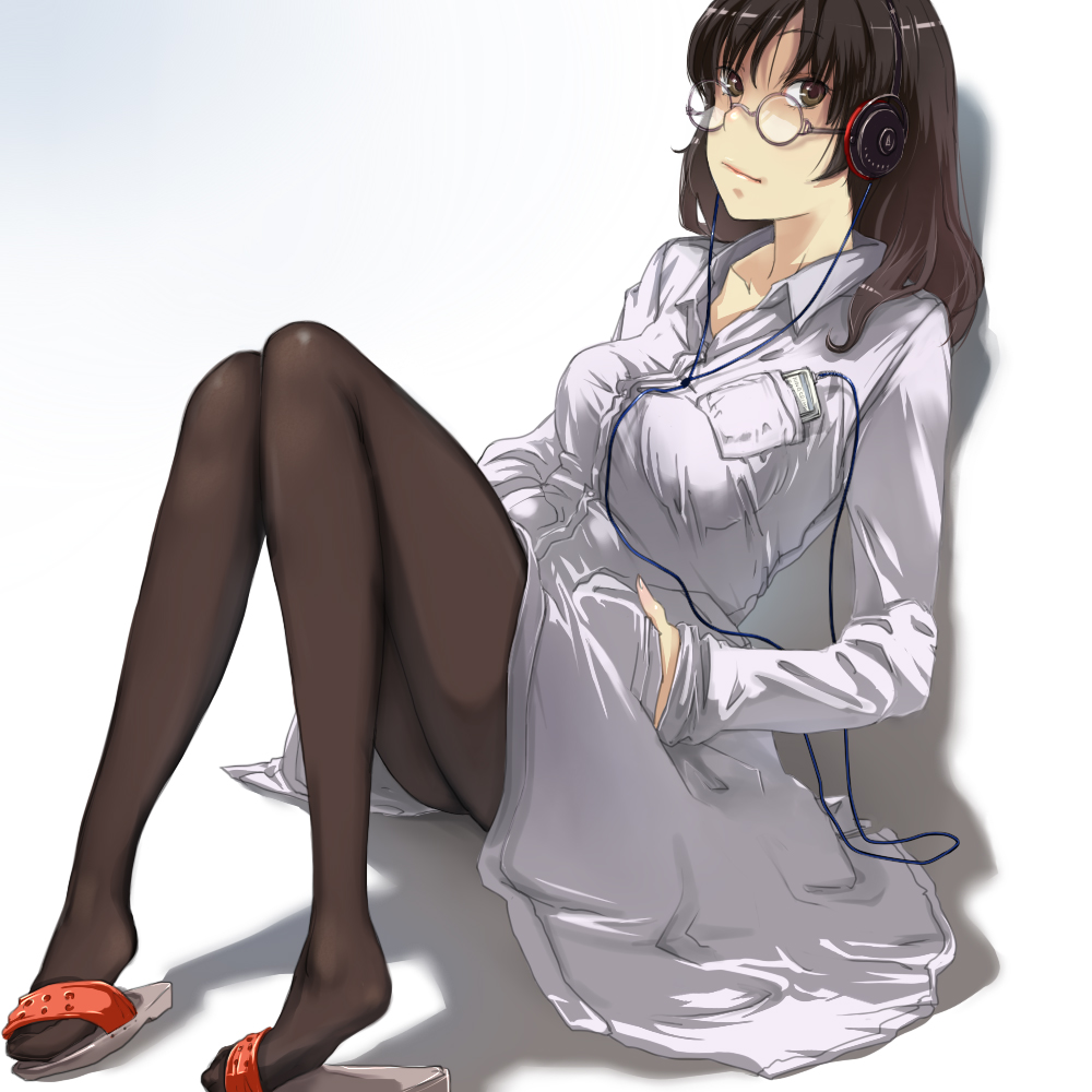 black_hair black_legwear copyright_request digital_media_player feet glasses hands_in_pockets headphones leaning light_smile nimirom pantyhose sandals shadow sitting solo