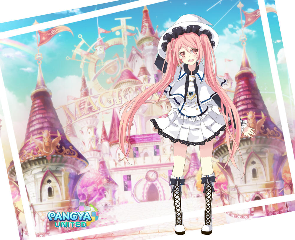 capelet castle cross-laced_footwear dress hat long_hair lucia necktie open_mouth pangya pink_eyes pink_hair smile solo twintails very_long_hair witch_hat