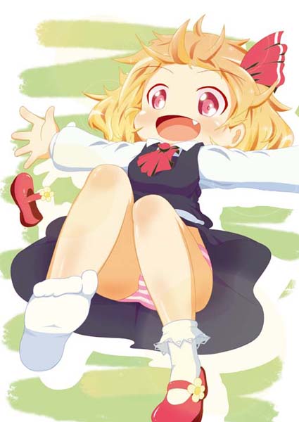 ascot black_dress blonde_hair blush chibi child dress fang hair_ribbon jpeg_artifacts jumping loose_shoe mary_janes open_mouth outstretched_arms panties ra_do raado_(punipara) red_eyes ribbon rumia shoes shoes_removed single_shoe socks solo striped striped_panties the_embodiment_of_scarlet_devil touhou underwear upskirt white_legwear youkai