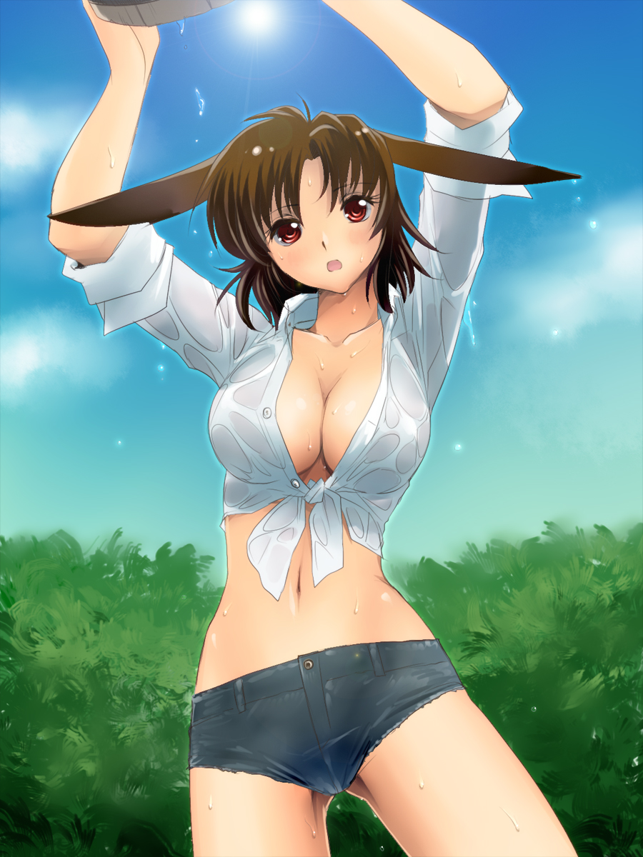 arms_up blue_sky blush breasts brown_eyes brown_hair cleavage collarbone cutoffs denim denim_shorts front-tie_top highres large_breasts midriff navel open_mouth original pappel_ostern pixiv_fantasia pixiv_fantasia_5 red_eyes shiny shiny_skin short_hair short_shorts shorts sky sleeves_rolled_up solo thighs tied_shirt wet wet_clothes yagisaka_seto